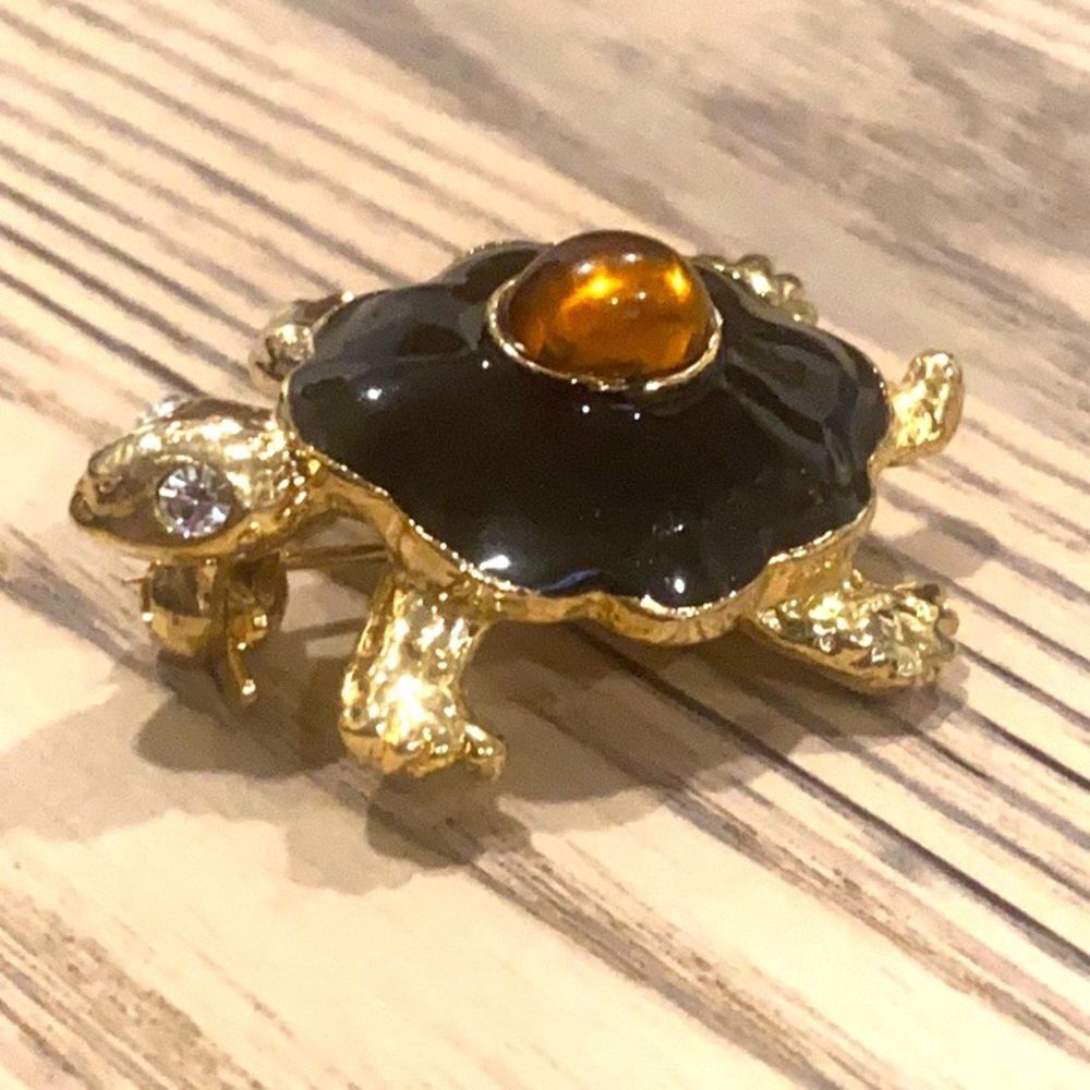 Vintage Gold Enamel Amber Stone Turtle Pin Brooch